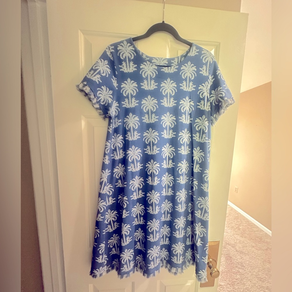 Spartina 449 Island Blue Oyster Alley Palm Tree Sheath Dress Fringe L Beachy